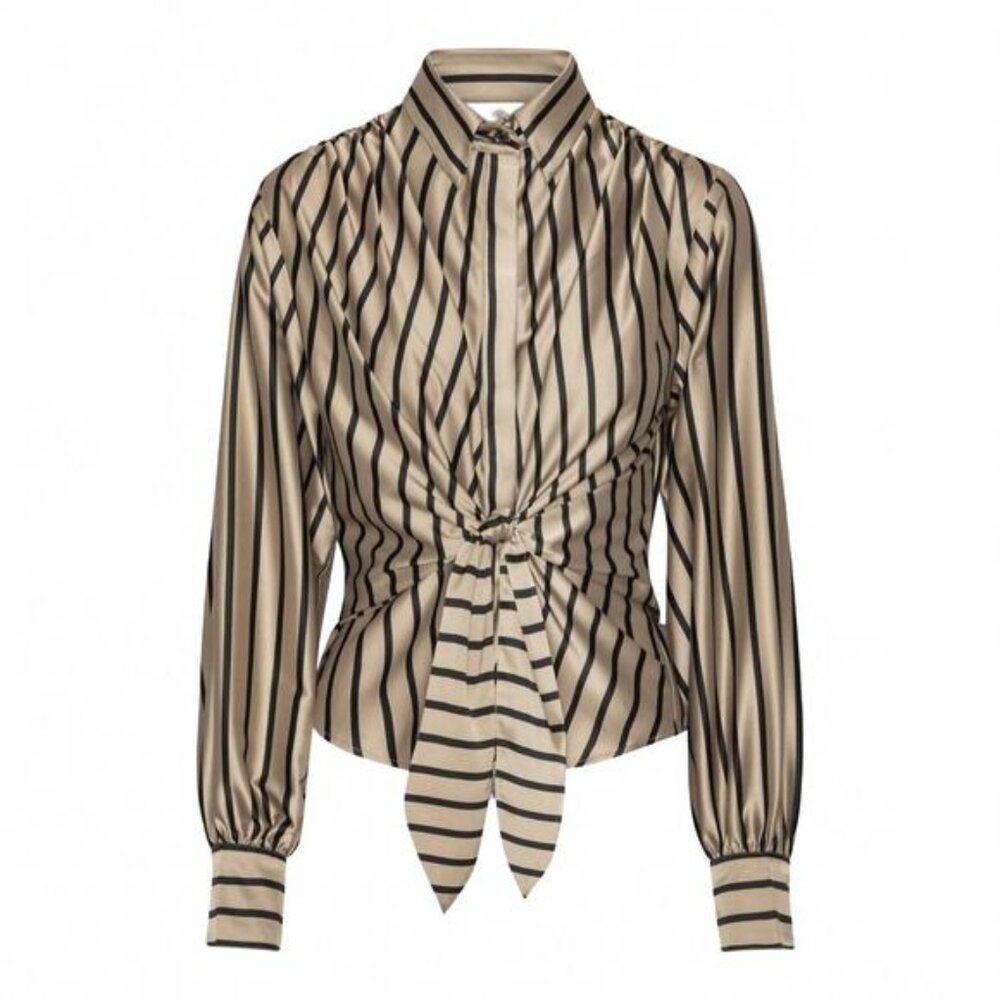 Karmamia Lee Shirt Tan Stripe Tie Front Blouse Long Sleeve Size S